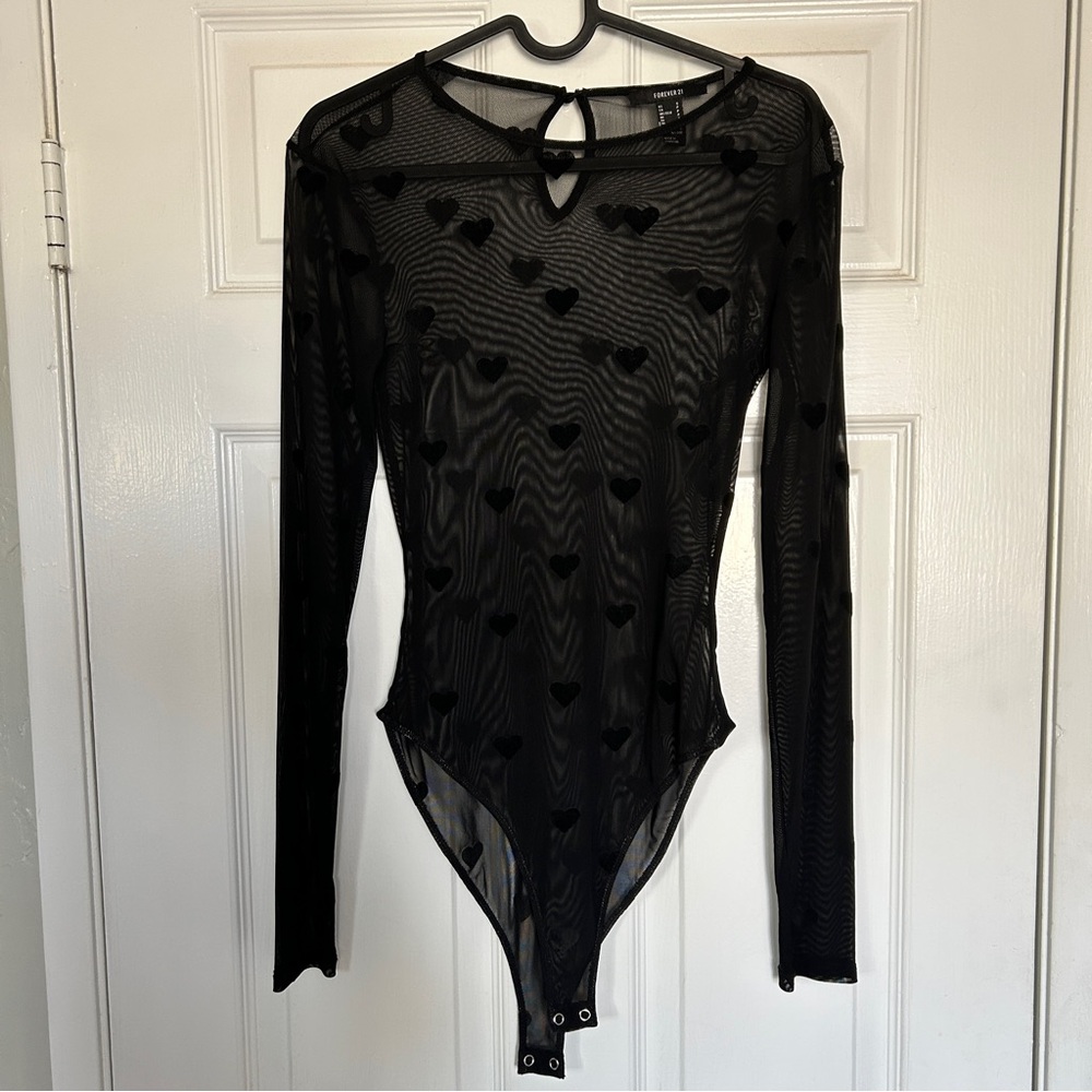 3/$20 Forever 21 Black Sheer Mesh Hearts Bodysuit S